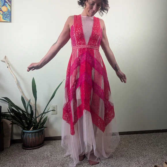 BCBGMaxAzria Pink Asymmetrical Lace Dress - Picture 1 of 4
